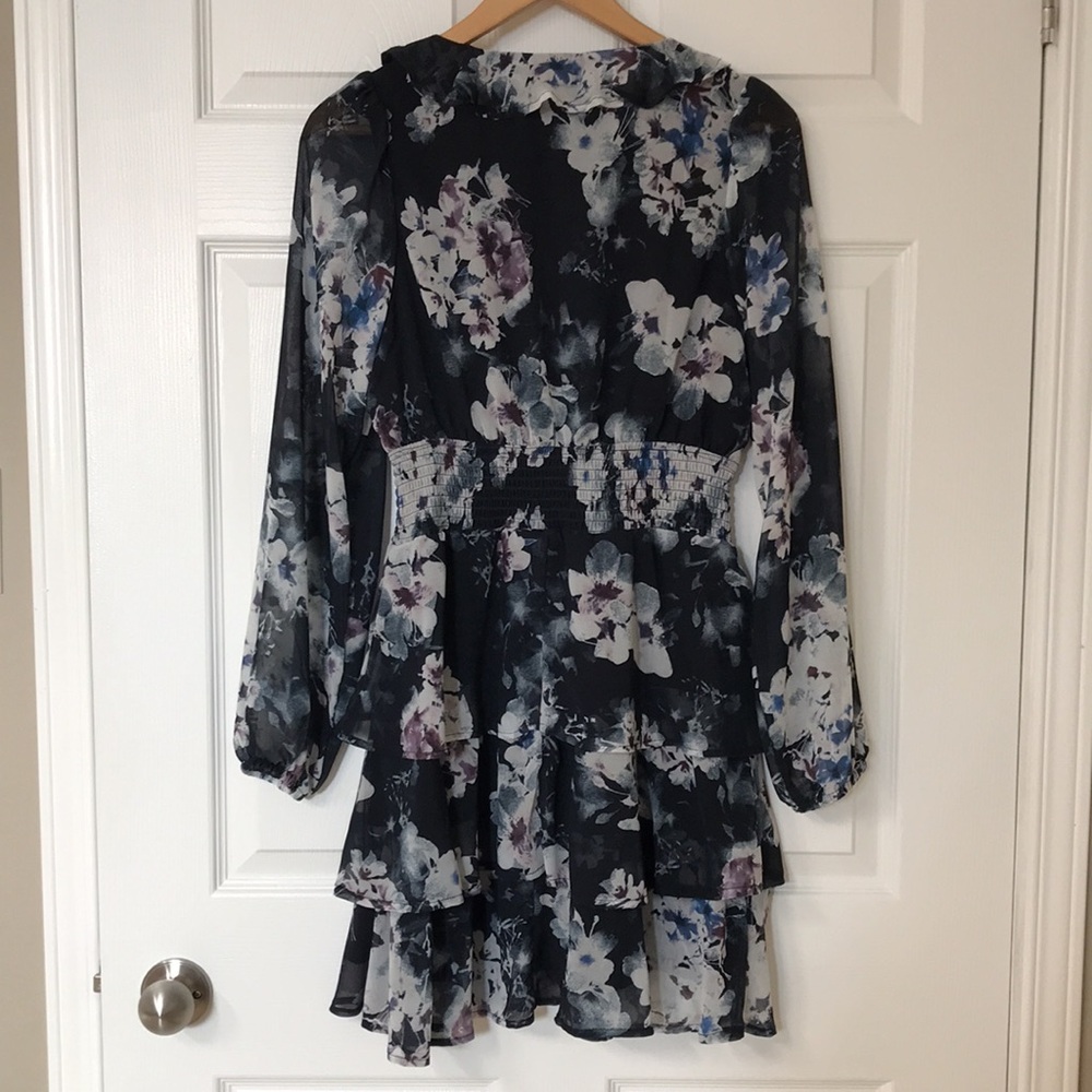 AKA Floral Mini Dress, Sapphire Blue Dress with Tiered Ruffles; Long Sleeve; XS - Picture 7 of 16